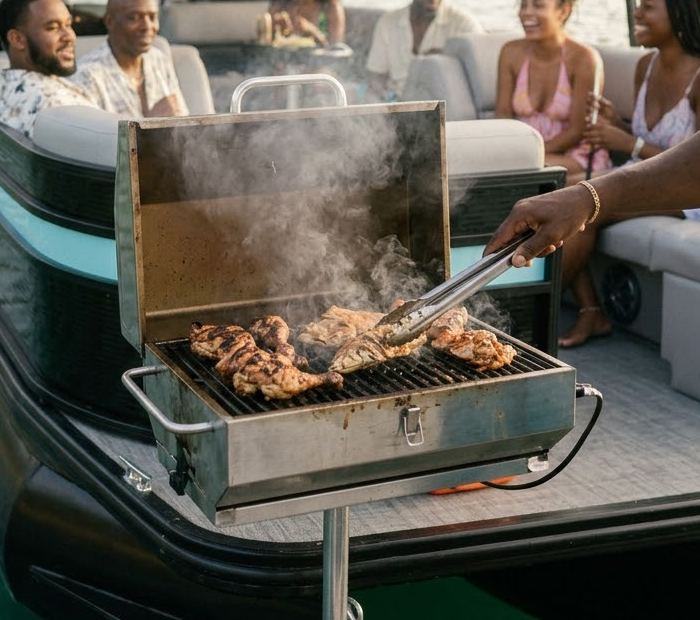 Chicken cooking on the onboard grill